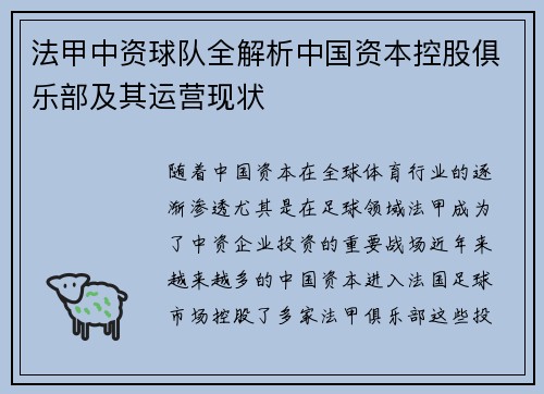 法甲中资球队全解析中国资本控股俱乐部及其运营现状