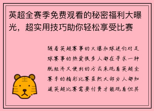 英超全赛季免费观看的秘密福利大曝光，超实用技巧助你轻松享受比赛