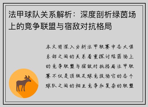 法甲球队关系解析：深度剖析绿茵场上的竞争联盟与宿敌对抗格局
