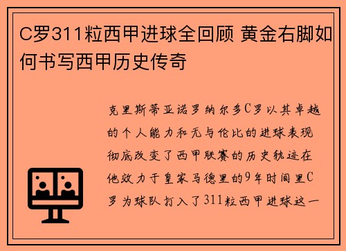 C罗311粒西甲进球全回顾 黄金右脚如何书写西甲历史传奇